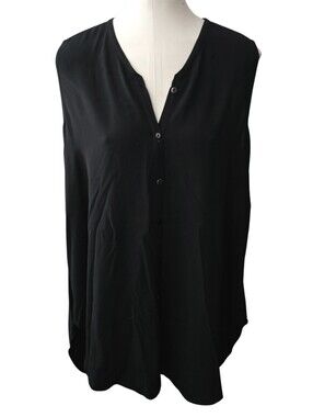 Eileen Fisher Silk Georgette Crepe Mandarin Collar Tunic Top Black Size Large